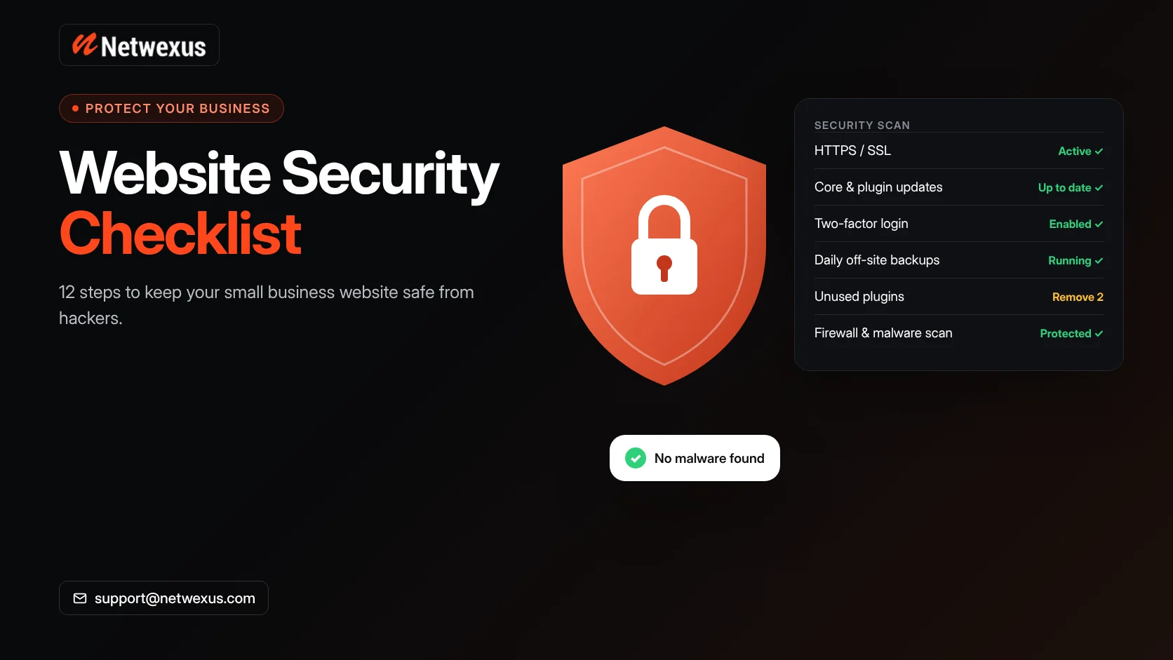 Website security shield with a passed security scan checklist