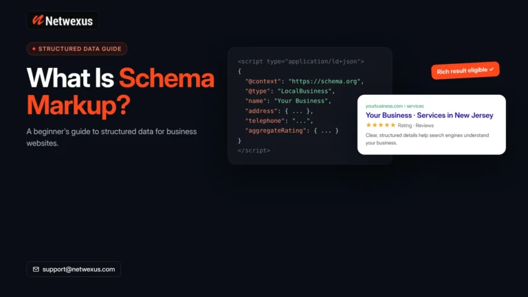 JSON-LD schema markup code next to a rich search result preview